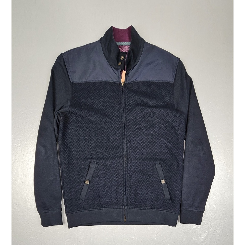Ted Baker London Sweater Jacket Mens‎ Medium Navy Chevron Full Zip Pockets